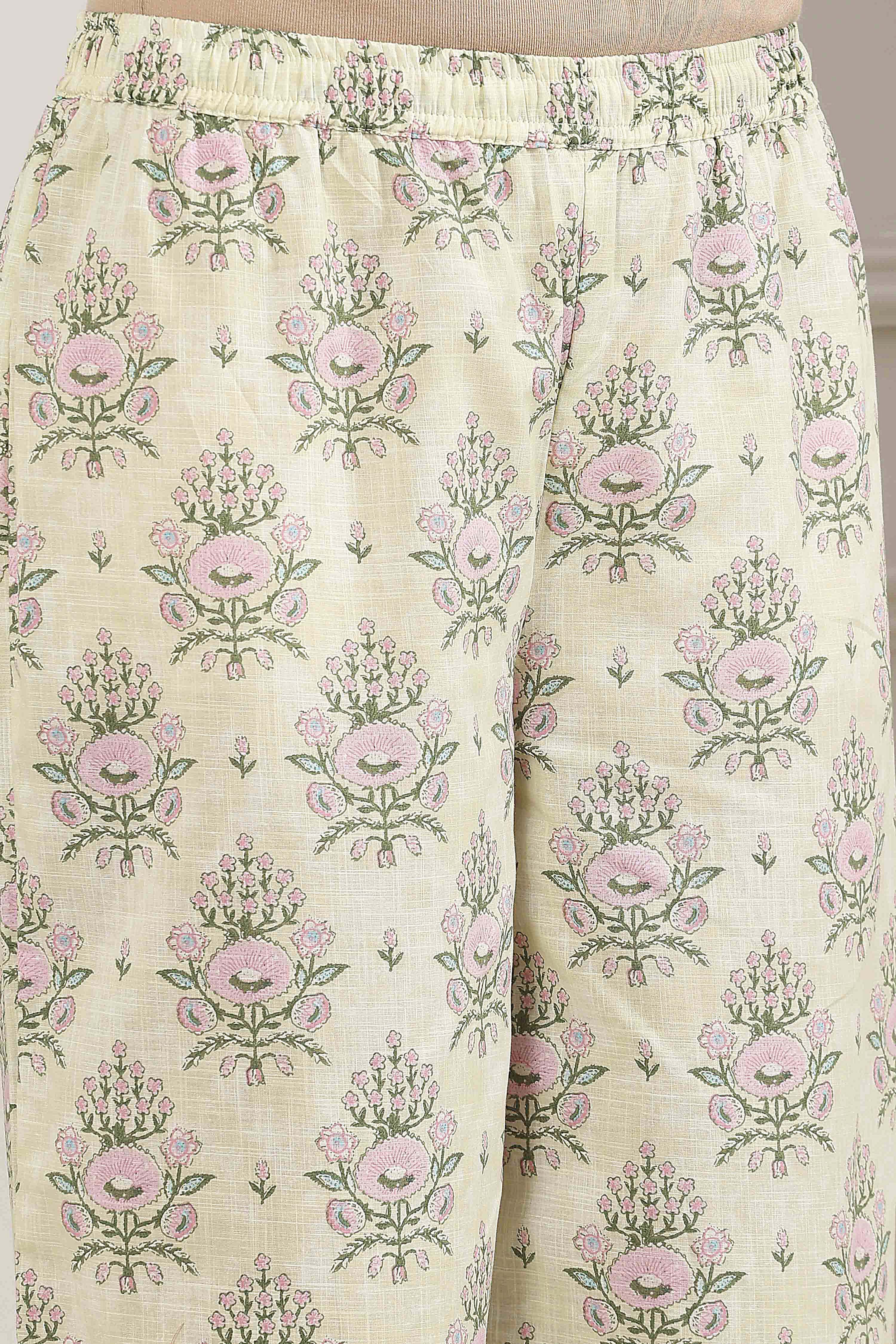 Cream-Colored Cotton Printed Straight Suit Set image number 2