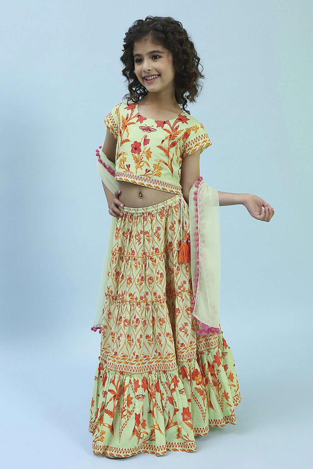 Lime Green Cotton Printed Lehenga Set image number 4