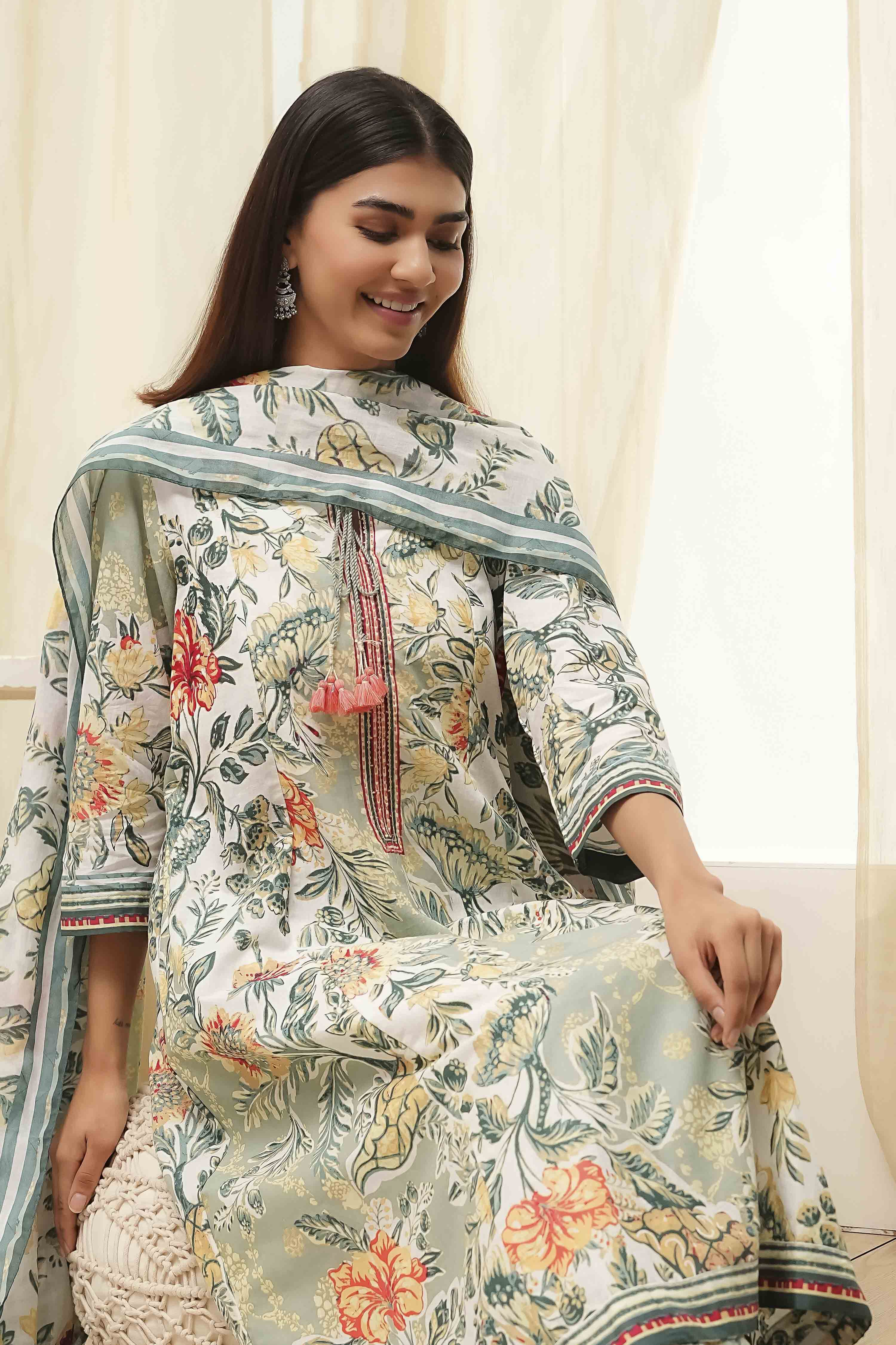 Sage Green Pure Cotton Floral Kalidar Suit Set image number 7