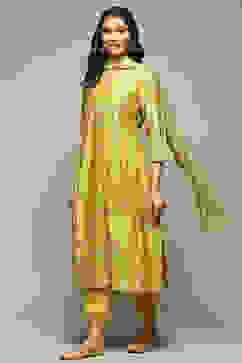 Lime Green Cotton Blend Layered Kurta Suit Set image number 0
