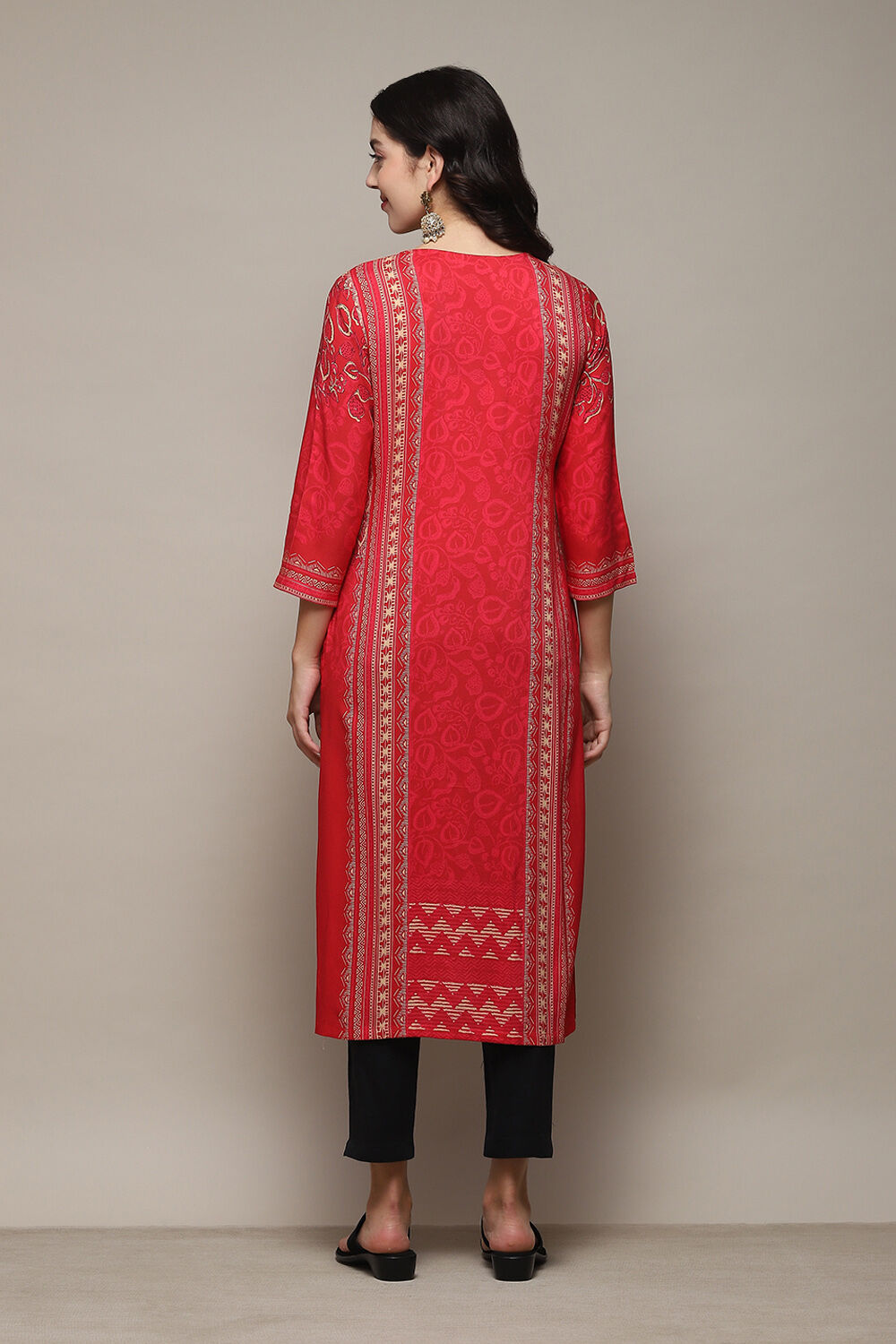 Red Printed Straight Kurta image number 3