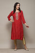 Red Rayon Straight Printed Kurta