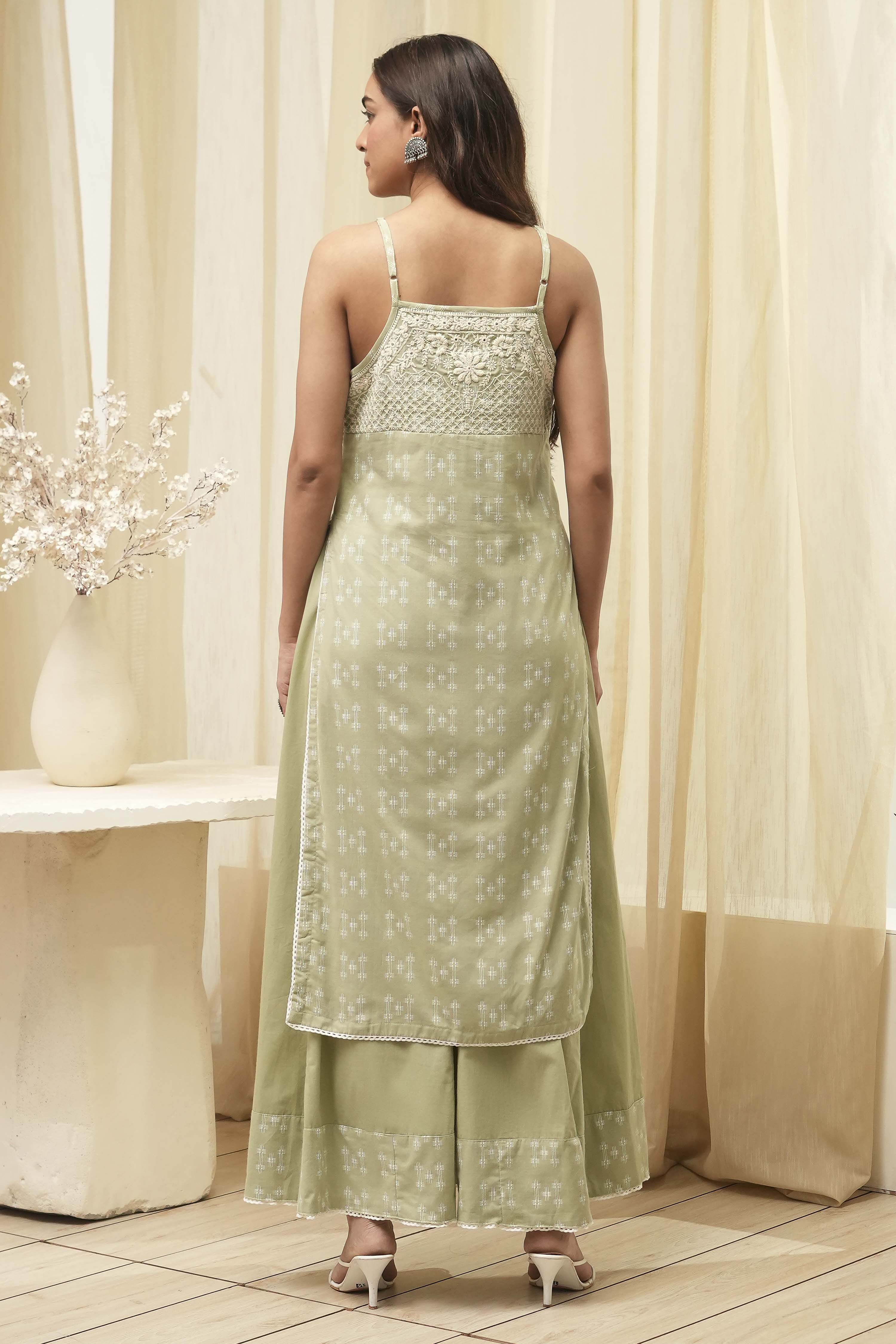 Green Cotton Floral Strappy Straight Suit Set image number 5