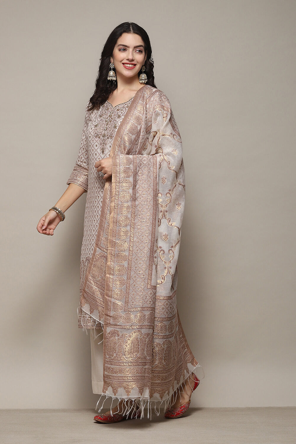 Cream Cotton Silk Straight Yarndyed Kurta Sharara Suit Set image number 4