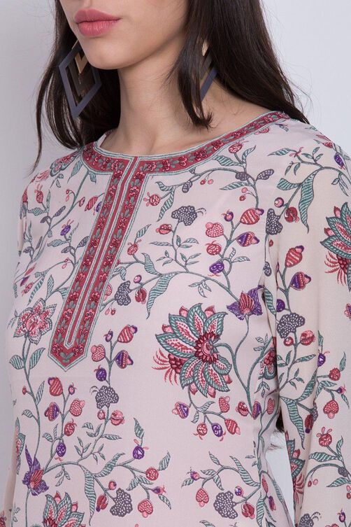 Off White Cotton Blend Printed Kurti image number 1