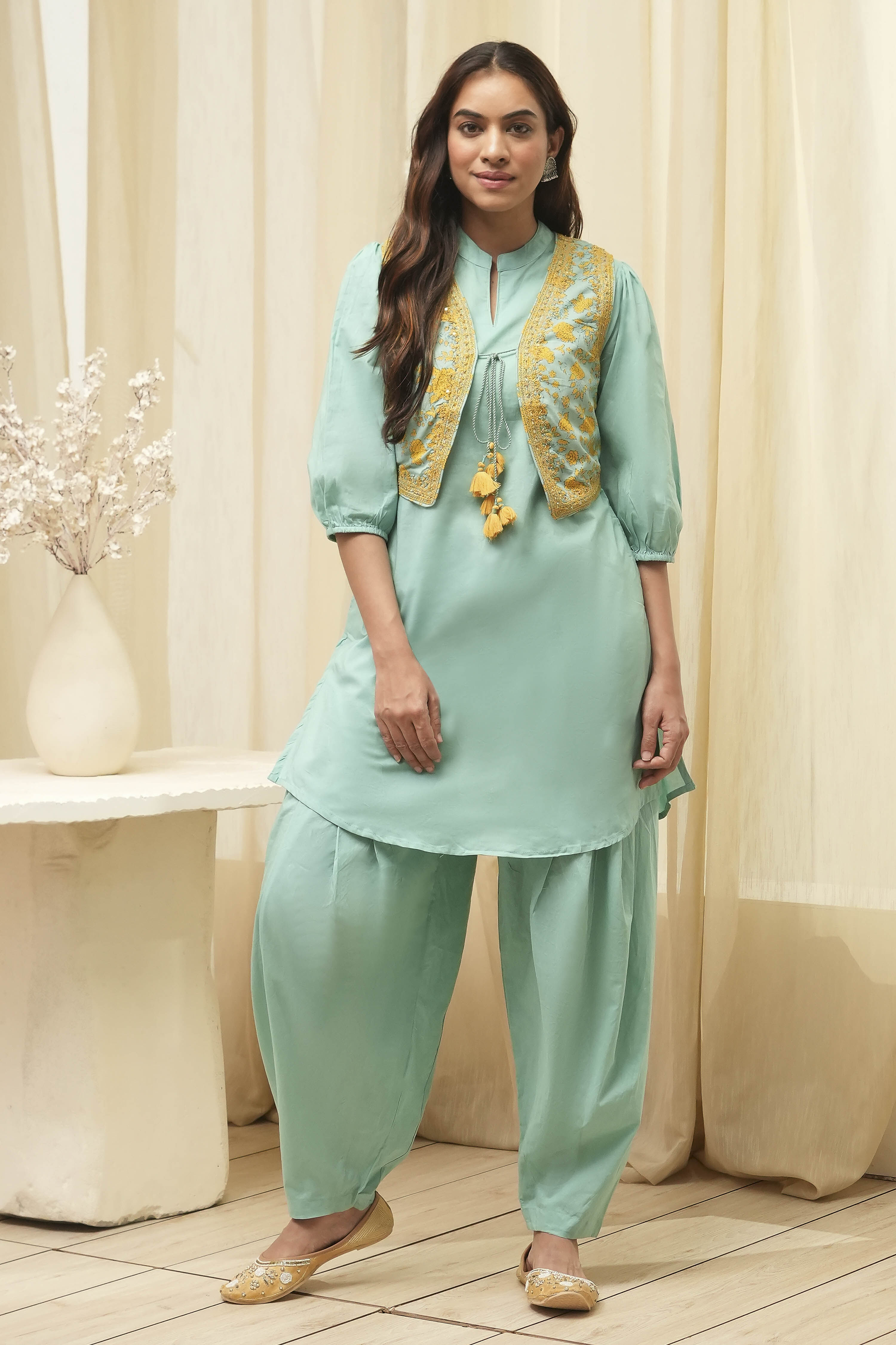 Sage Green Cotton Pathani Straight Kurta Set image number 6