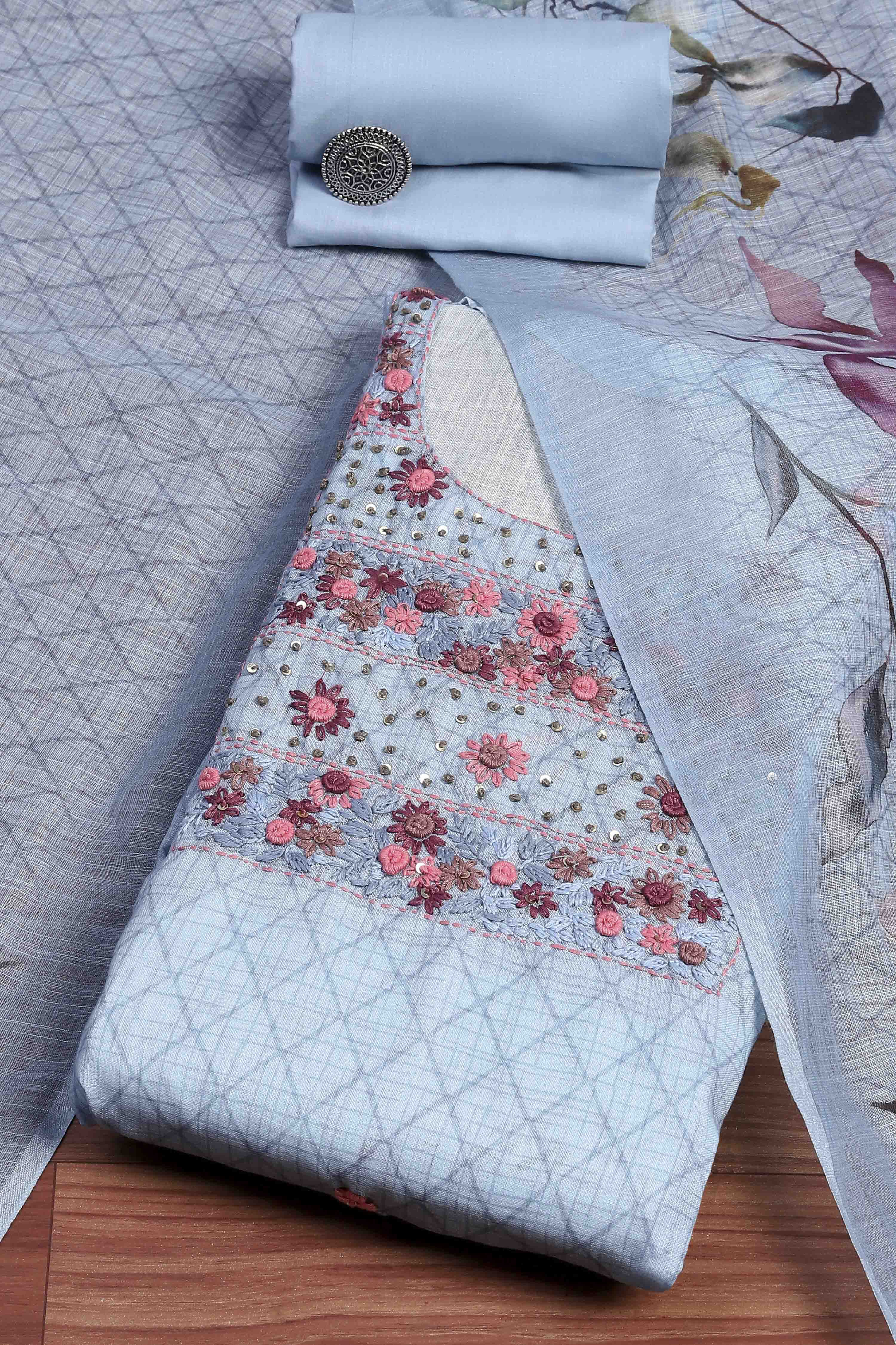 Blue Cotton Blend Hand Embroidered Unstitched Suit Set image number 0
