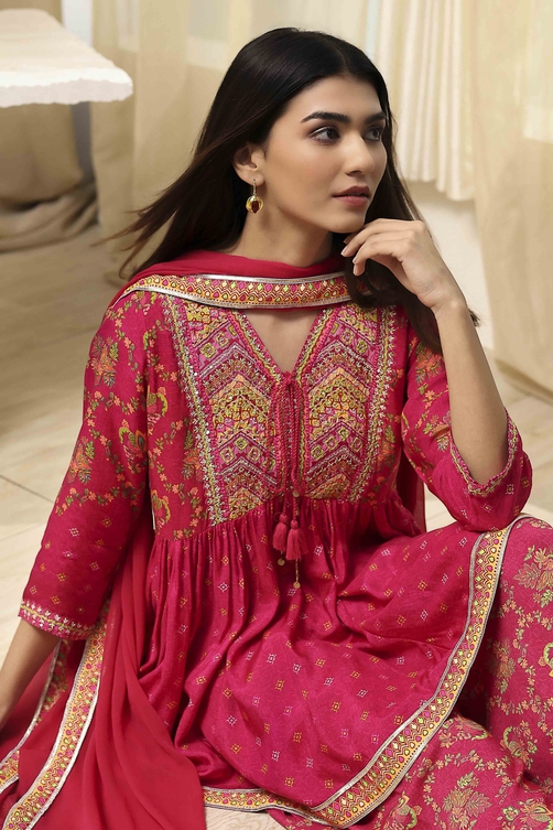 Fuchsia Viscose Floral Printed Peplum Suit Set image number 0