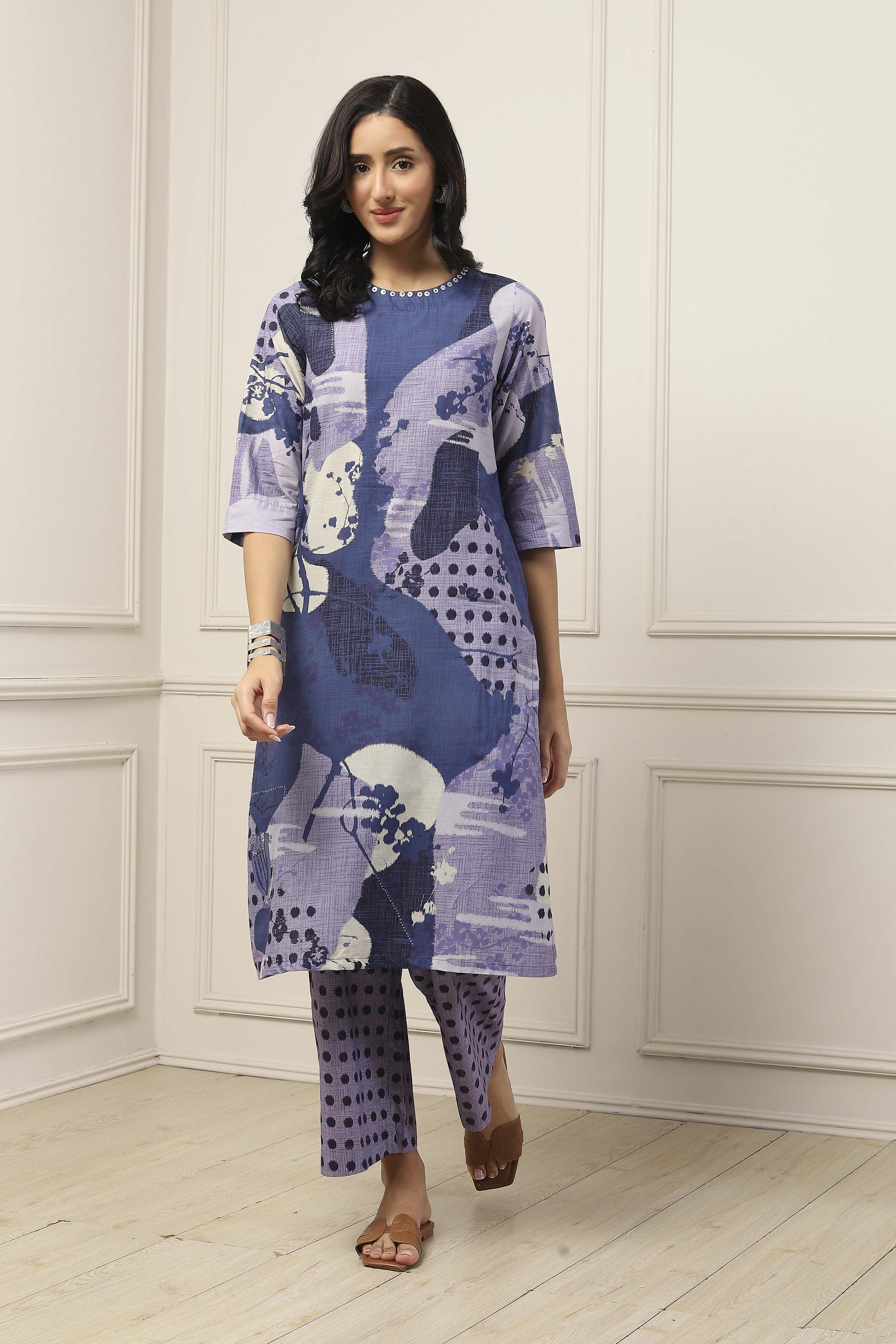 Blue Cotton Abstract Printed Straight Suit Set image number 6