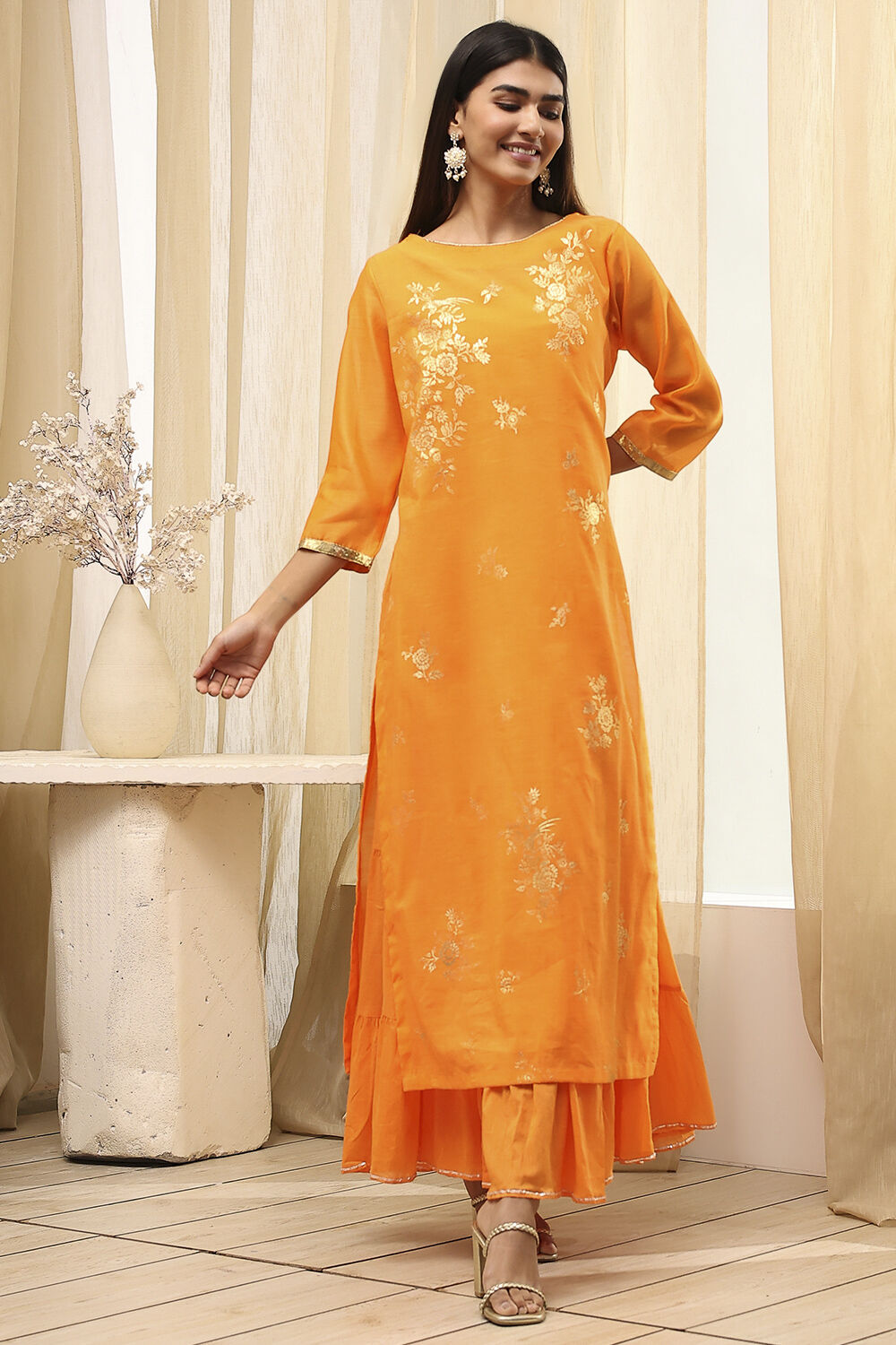 Orange Poly Chanderi Layered Tiered Dress image number 6