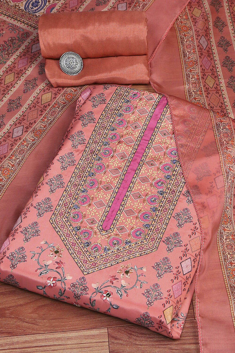 Pink Crepe Printed Unstitched Suit Set image number 0