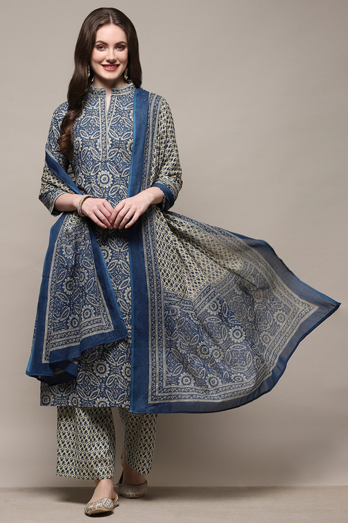 Blue Cotton Floral Screen Printed Unstitched Suit Set image number 1