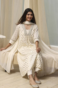 Off-White Cotton Printed Gathered Suit Set image number 6