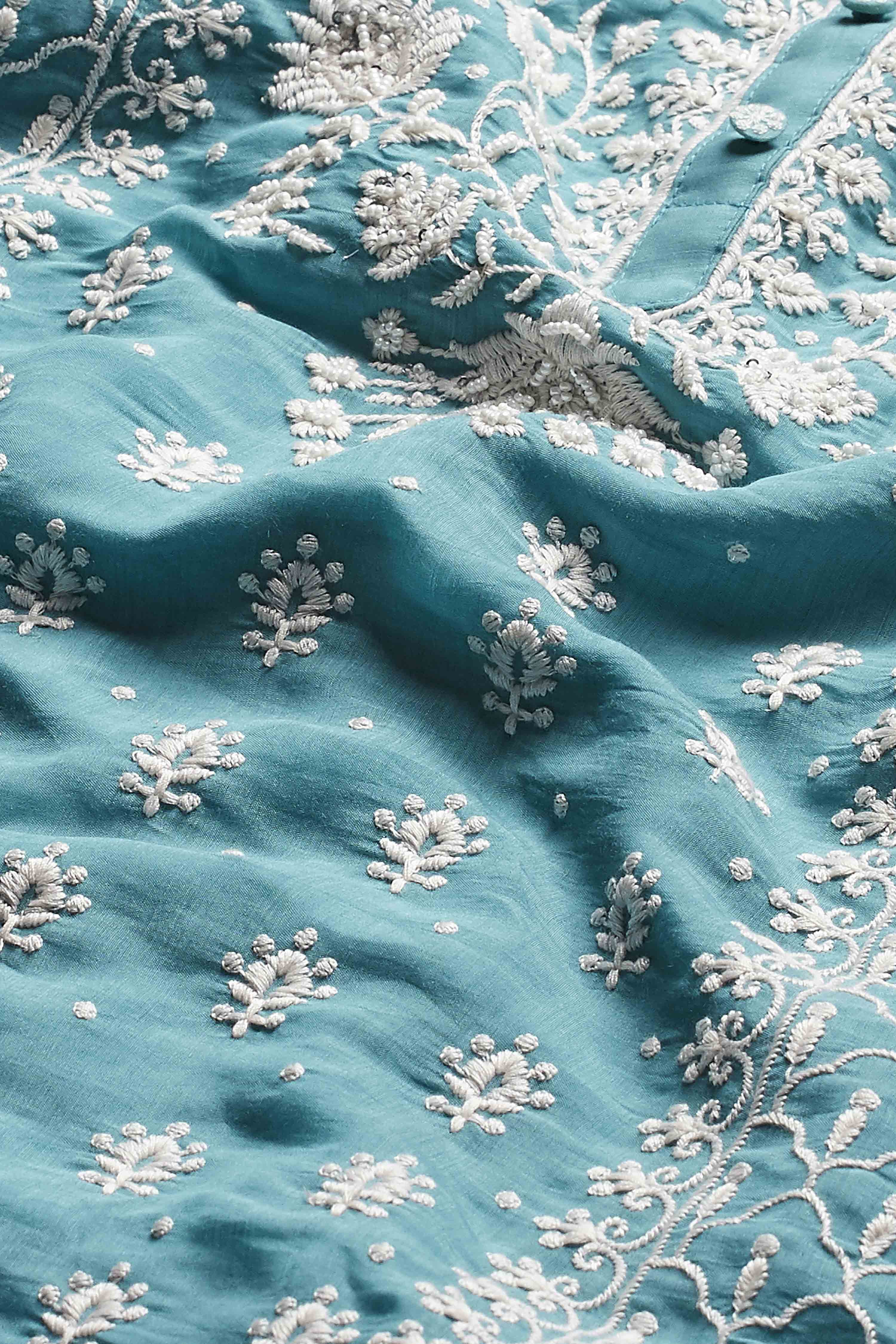 Teal Blue Viscose Blend Embroidered Straight Kurta Set image number 3