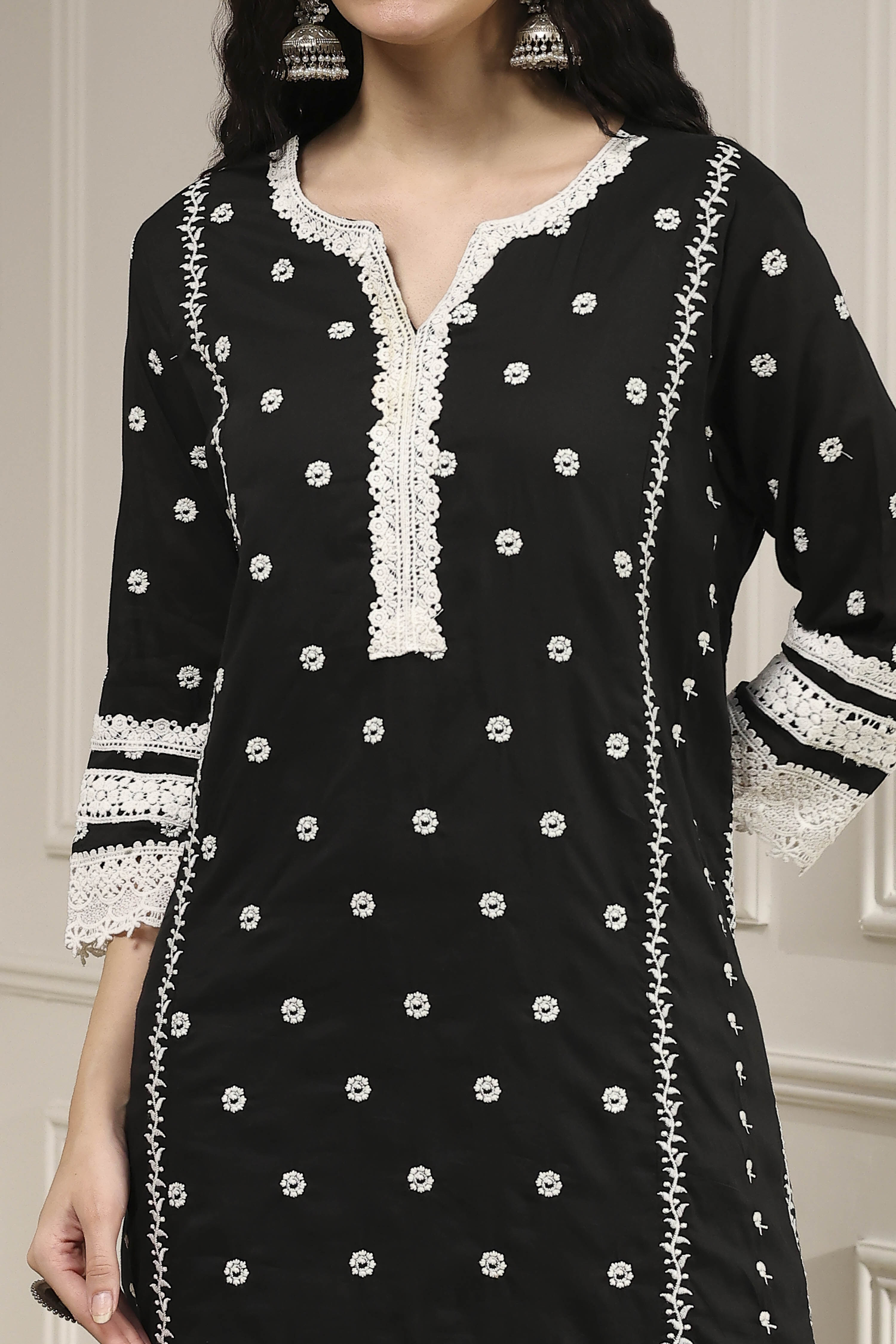 Black Chanderi Embroidered Straight Suit Set image number 1