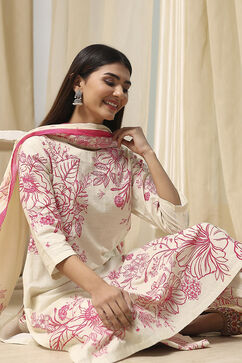 Off-White and Pink Cotton Straight Suit Set image number 0
