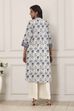 White and Blue Cotton Printed Pleated Straight Kurta image number 3