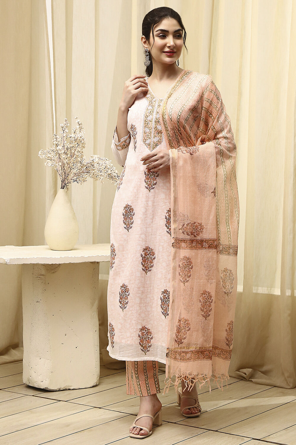 Coral Cotton Hand Block Print Unstitched Suit Set image number 1