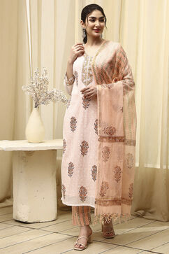 Coral Cotton Hand Block Print Unstitched Suit Set image number 1