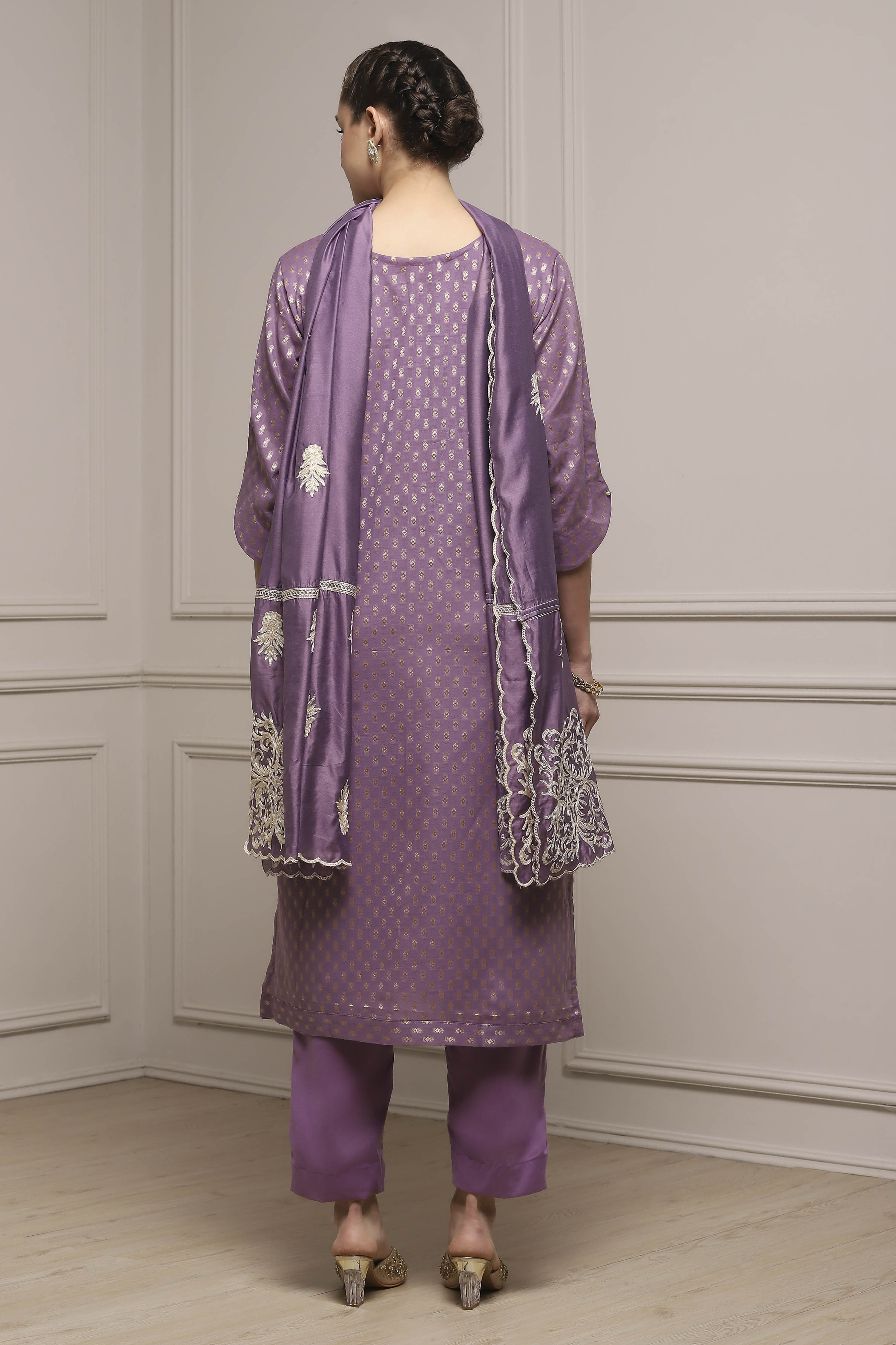 Peach Cotton Blend Thread Embroidered Unstitched Suit Set image number 5