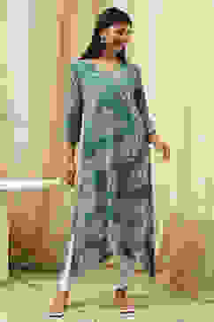 Teal Floral Printed Asymmetric Kurta image number 5