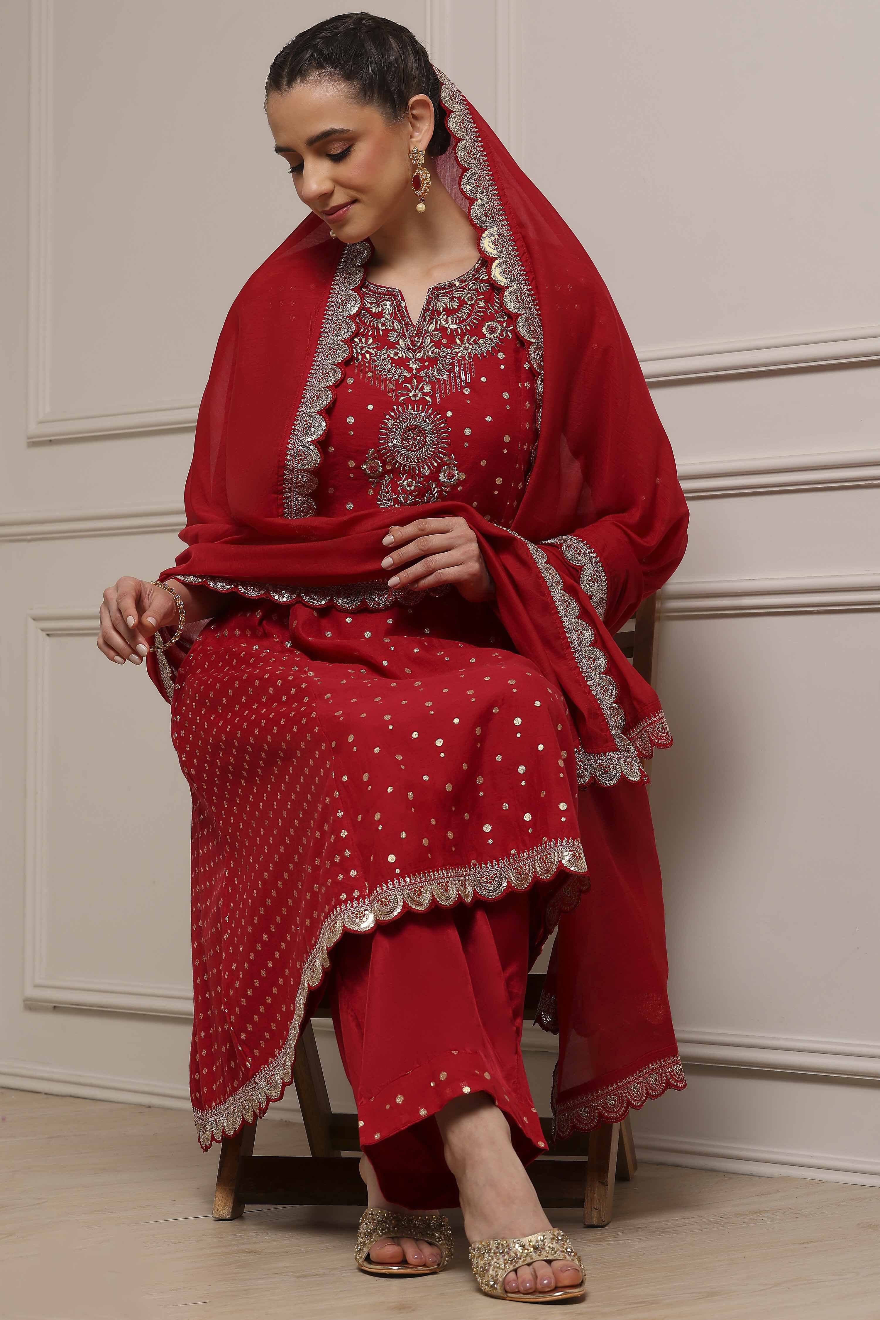 Red Cotton A-Line Yarndyed Suit Set image number 6