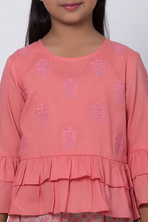 Peach Cotton Flared Kurta Dhoti Pant Suit Set image number 1