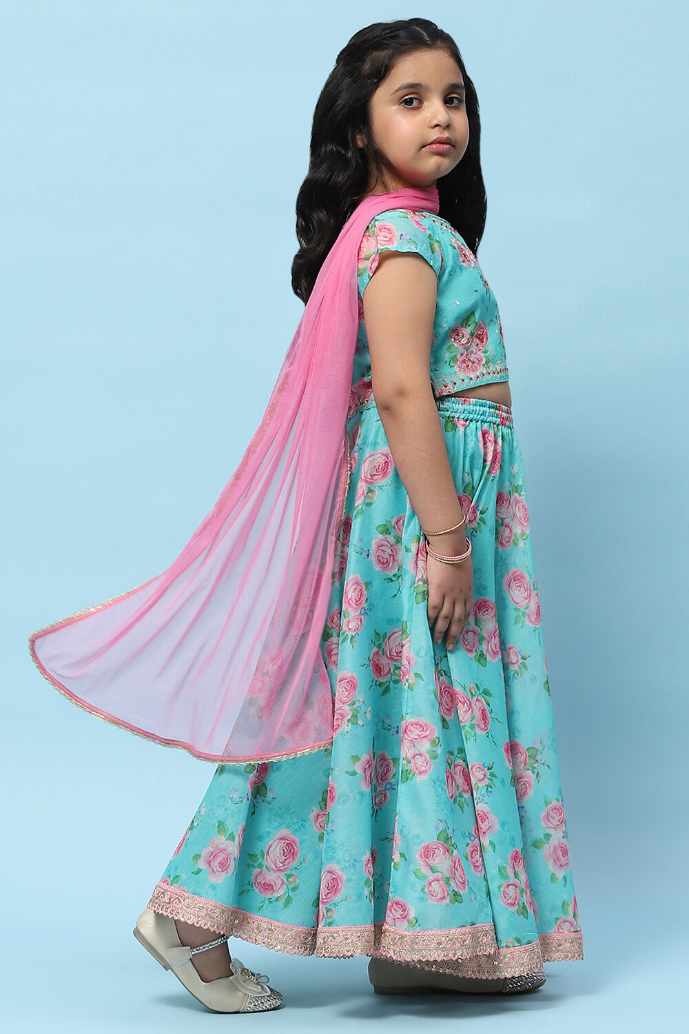 Blue Poly Chanderi Floral Printed Flared Lehenga Set image number 6