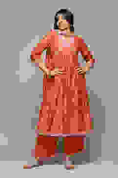 Coral Cotton Blend Gathered Kurta Palazzo Suit Set image number 0