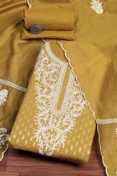 Yellow Cotton Blend Thread Embroidered Unstitched Suit Set image number 0