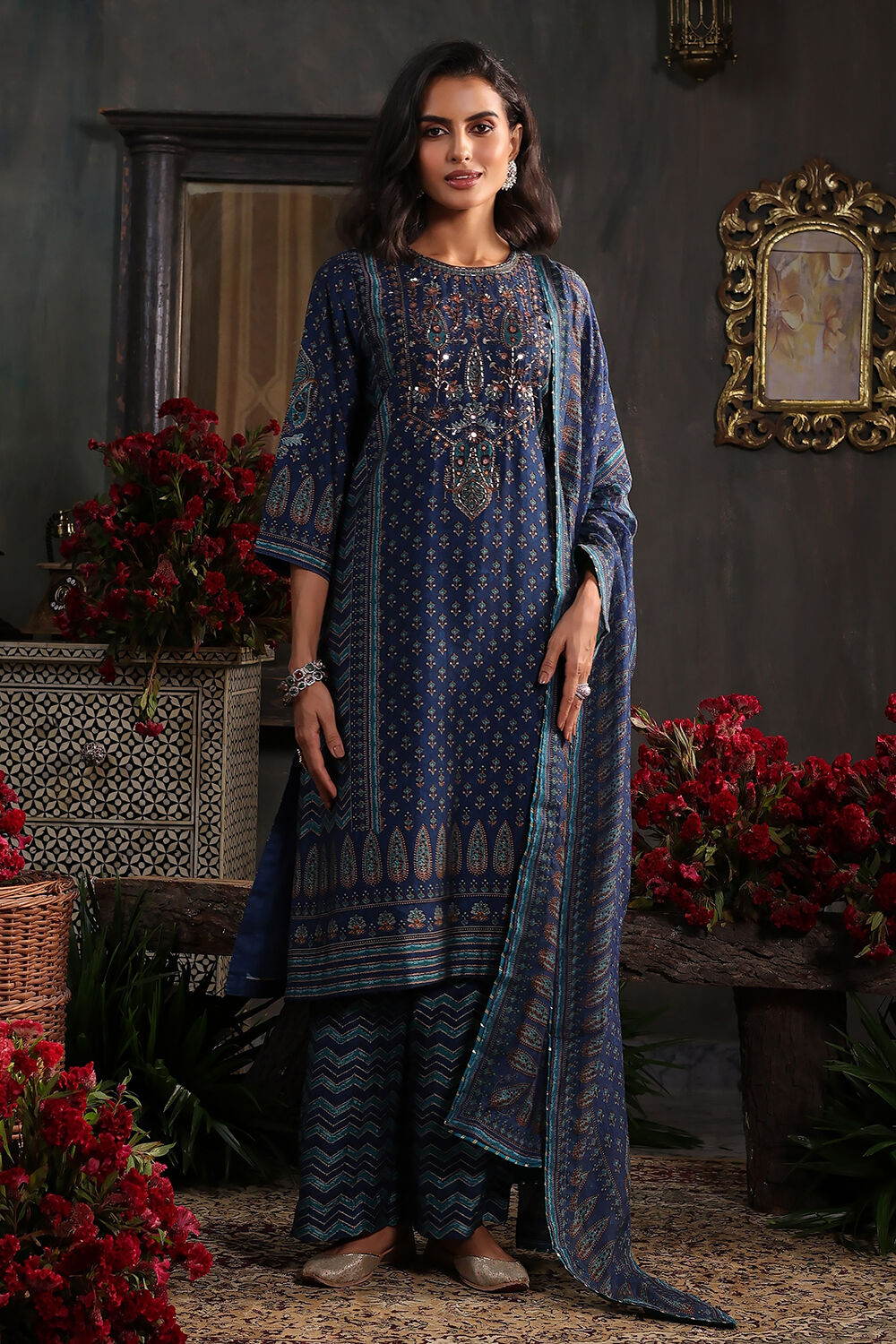 Blue Printed Straight Suit Set image number 0