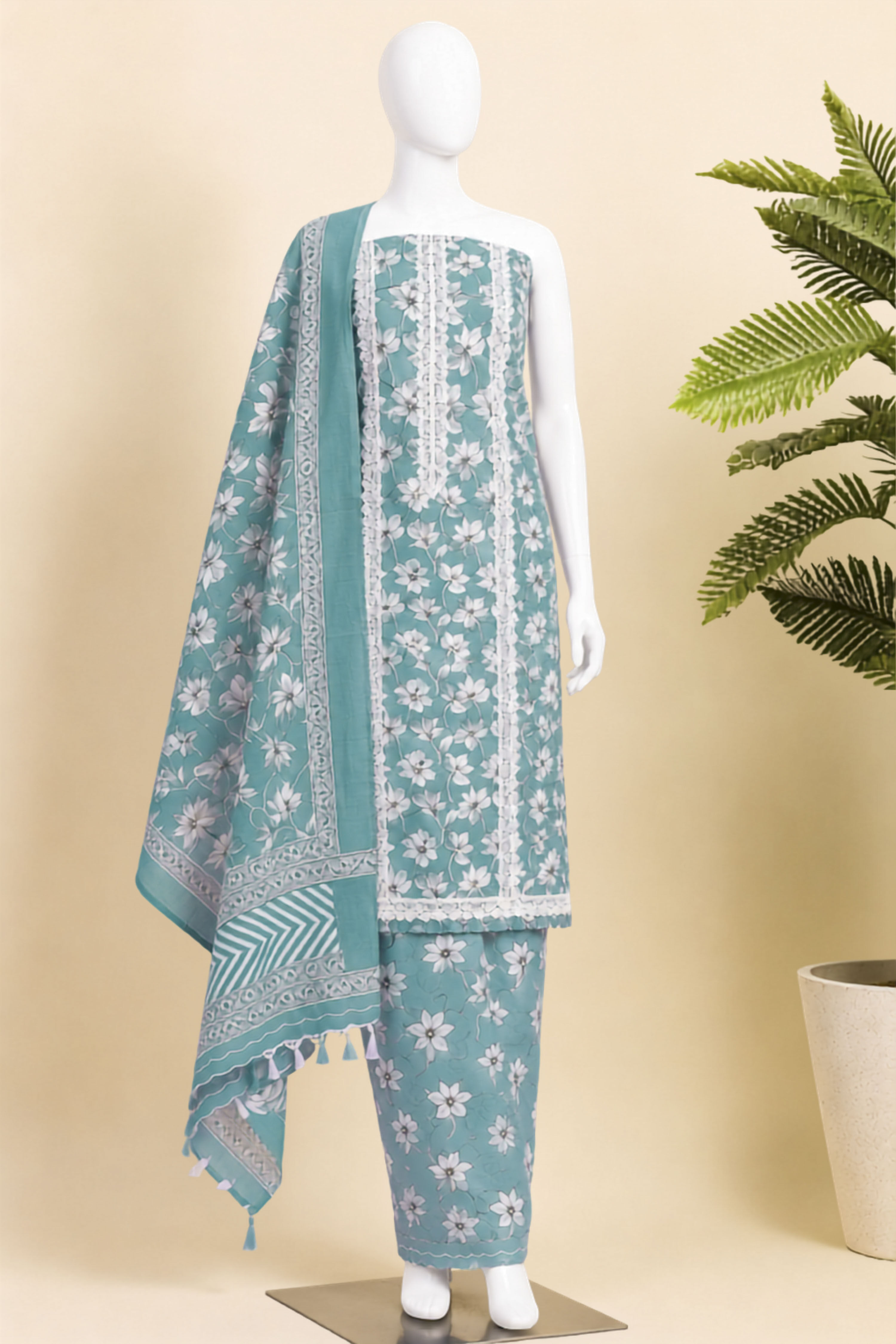 Teal Cotton Printed Unstitched Suit Set image number 4