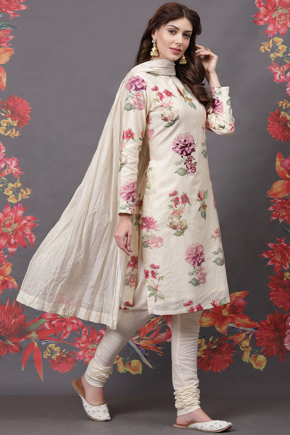 Rohit Bal Off White Cotton Silk Straight Printed Suit Set image number 6