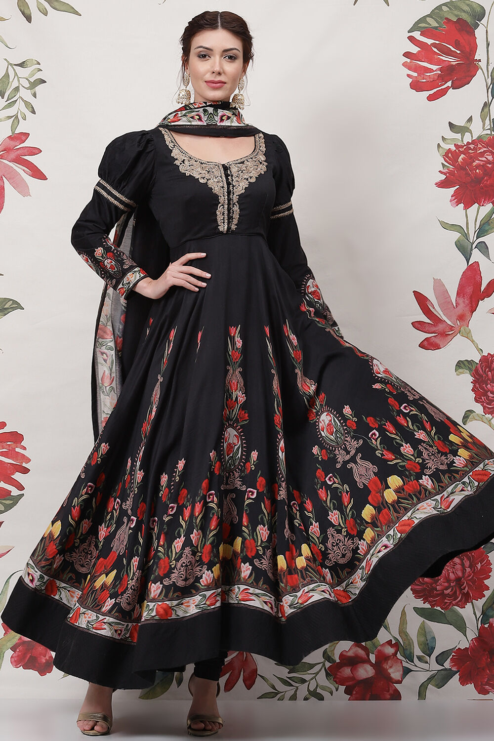 Rohit Bal Black Cotton Silk Anarkali Printed Suit Set image number 7