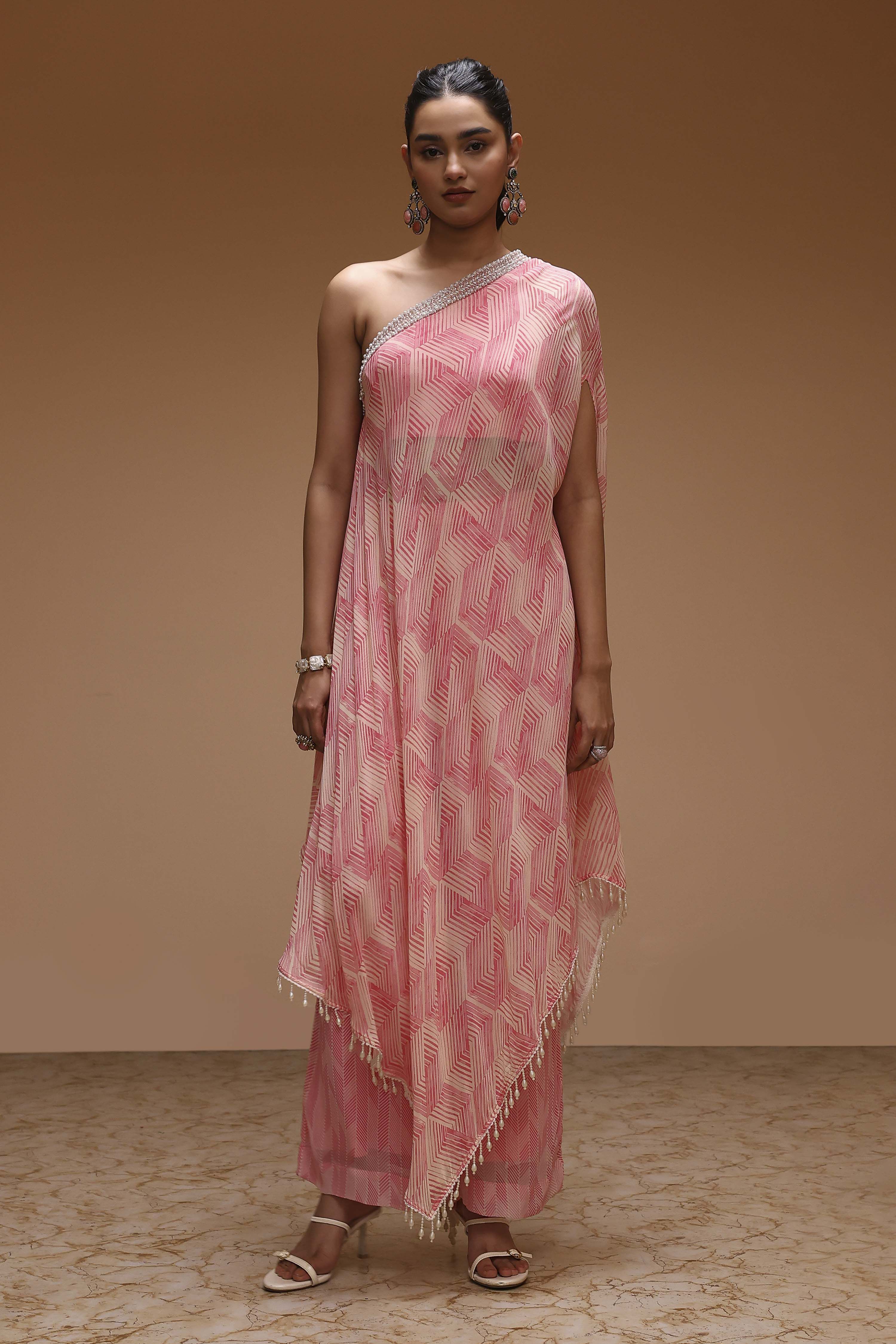 Pink Viscose Georgette Printed One-Shoulder Kurta Set image number 4