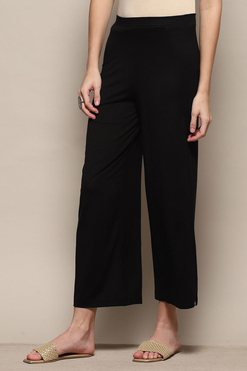 Beige Viscose Blend Solid Palazzo image number 2