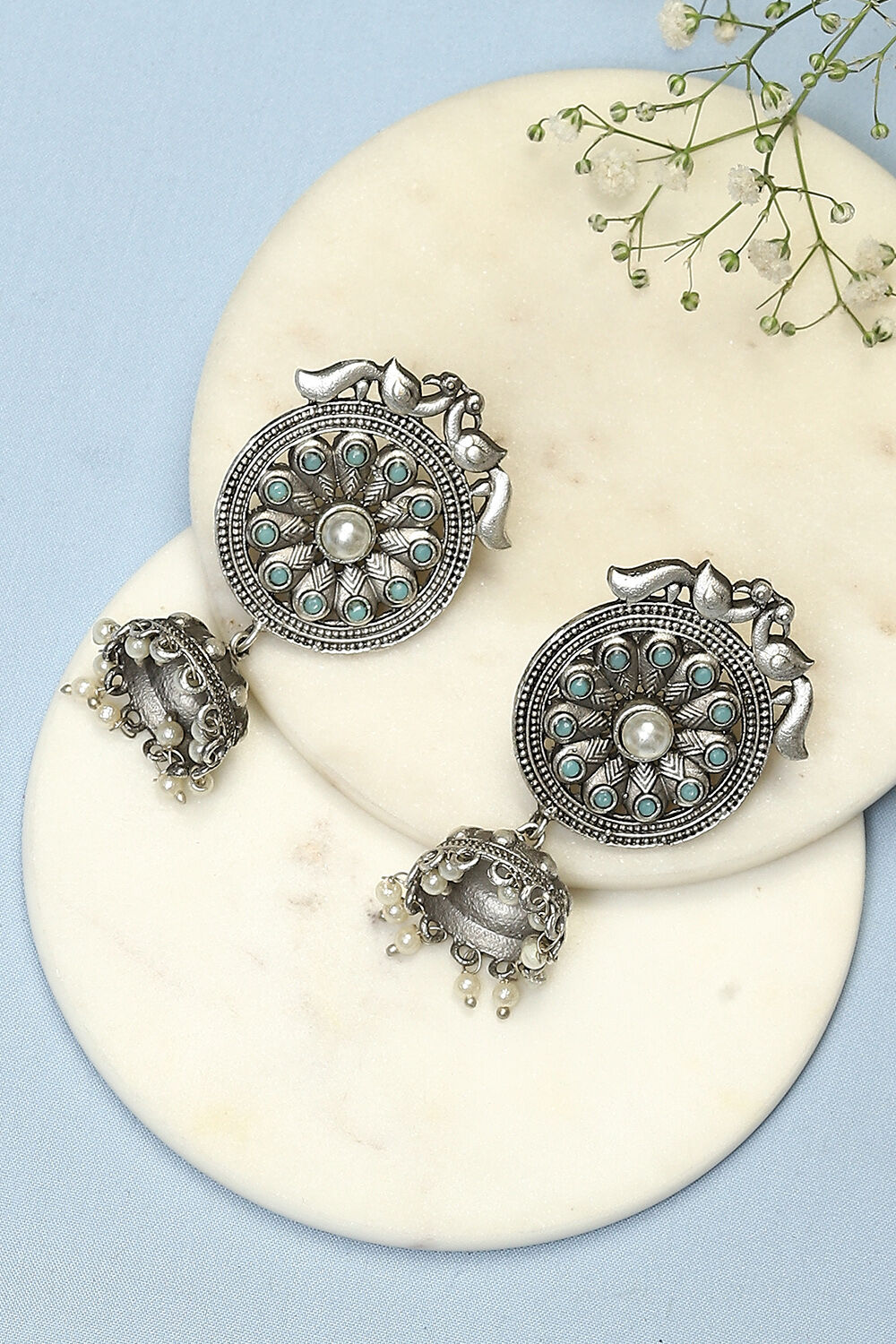 Oxidised Light Blue Brass Earrings image number 0