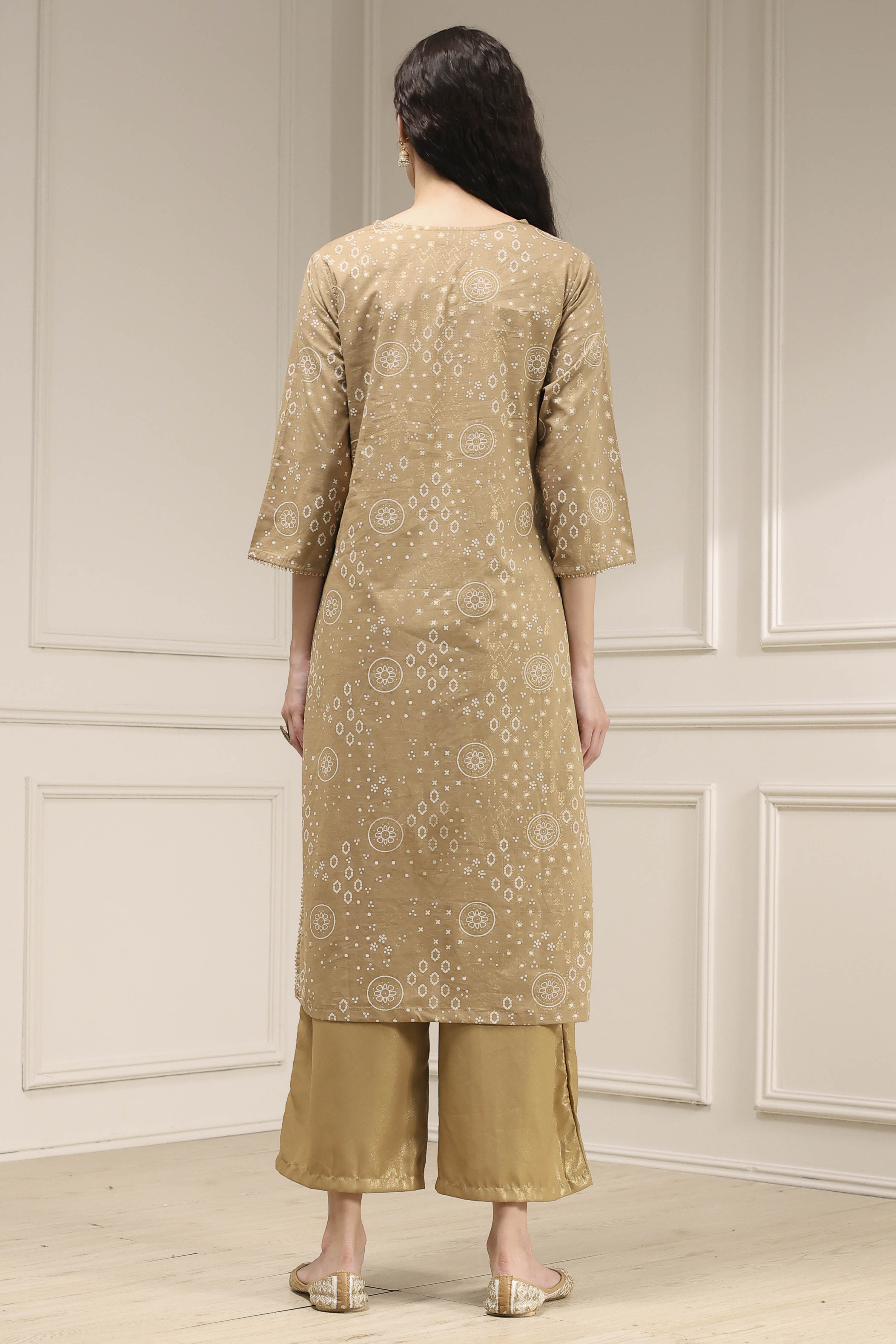 Beige Cotton Printed Straight Kurta image number 3