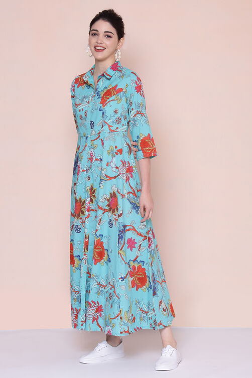 Turquoise Cotton Fusion Wear Dress image number 2