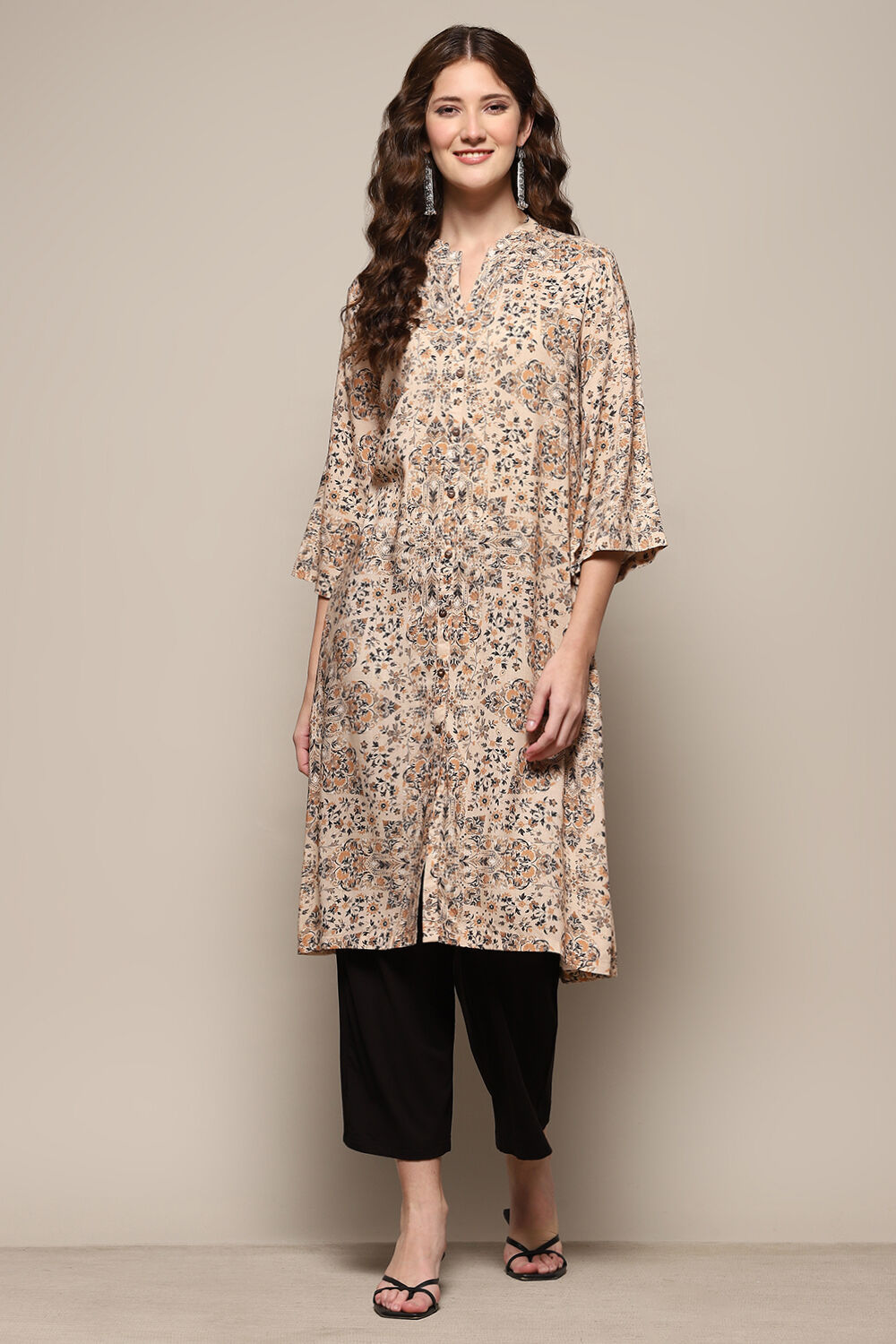 Beige & Black Rayon Printed Straight Kurta image number 0