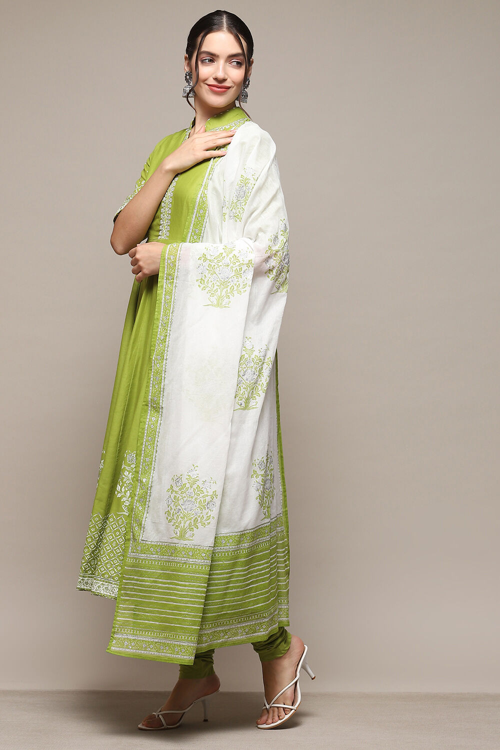Green Cotton Anarkali Printed Kurta Churidar Suit Set image number 4