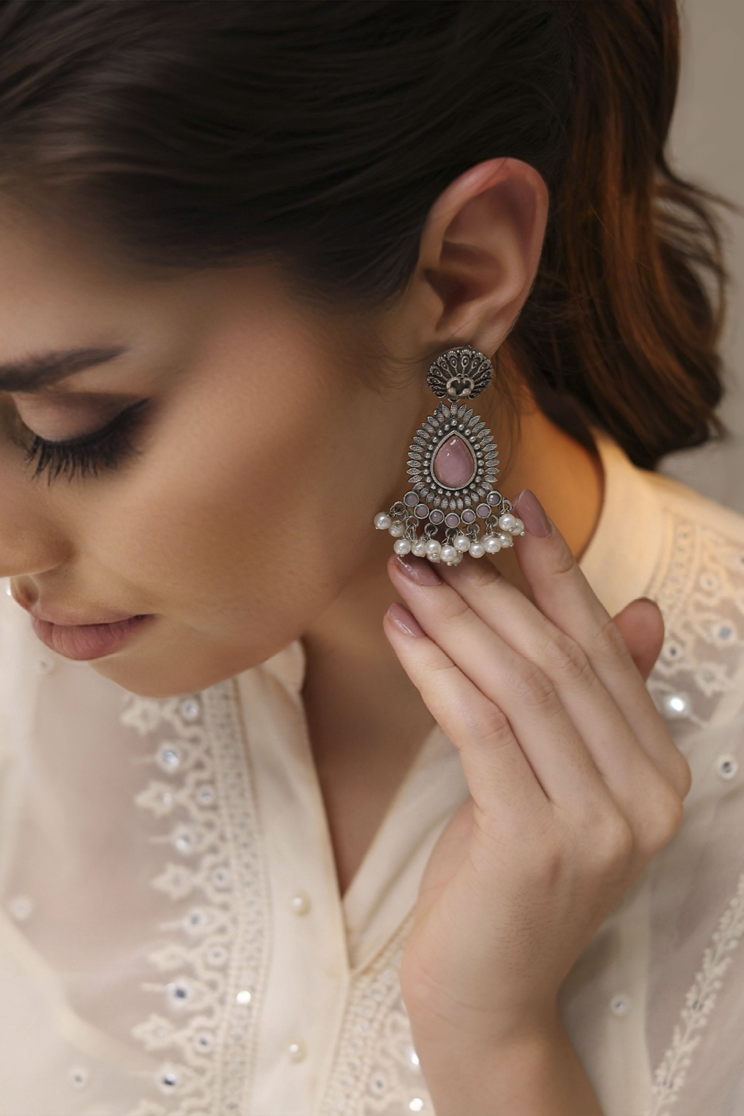 Oxidised Pink Stone Earrings image number 1