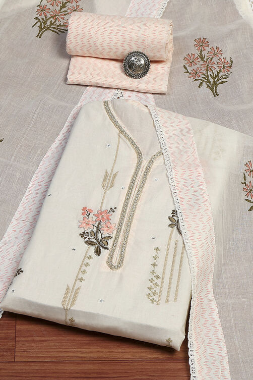 White/Pink Cotton Machine Embroidered Unstitched Suit Set image number 0