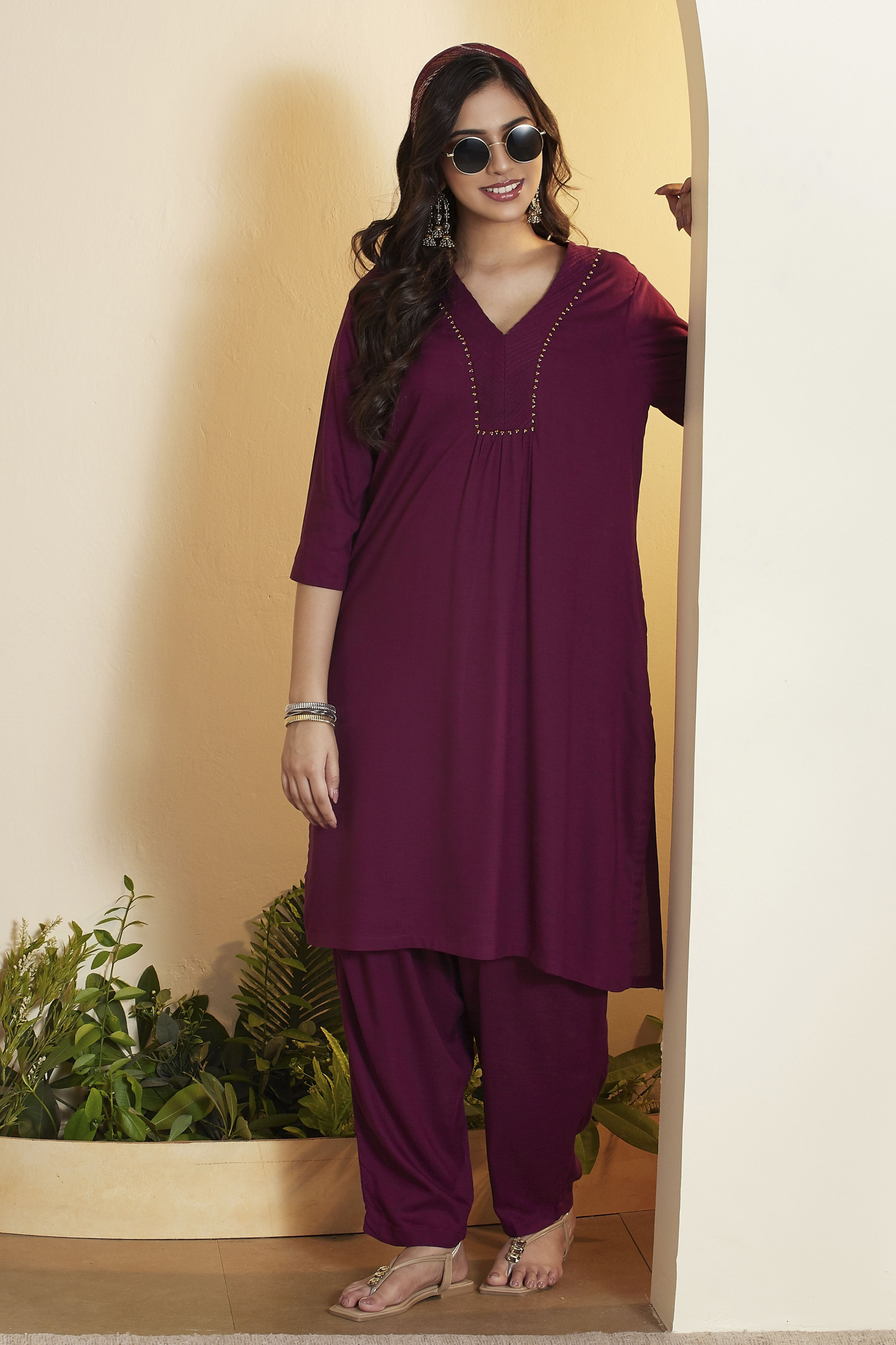 Purple Viscose Rayon Straight Suit Set image number 0