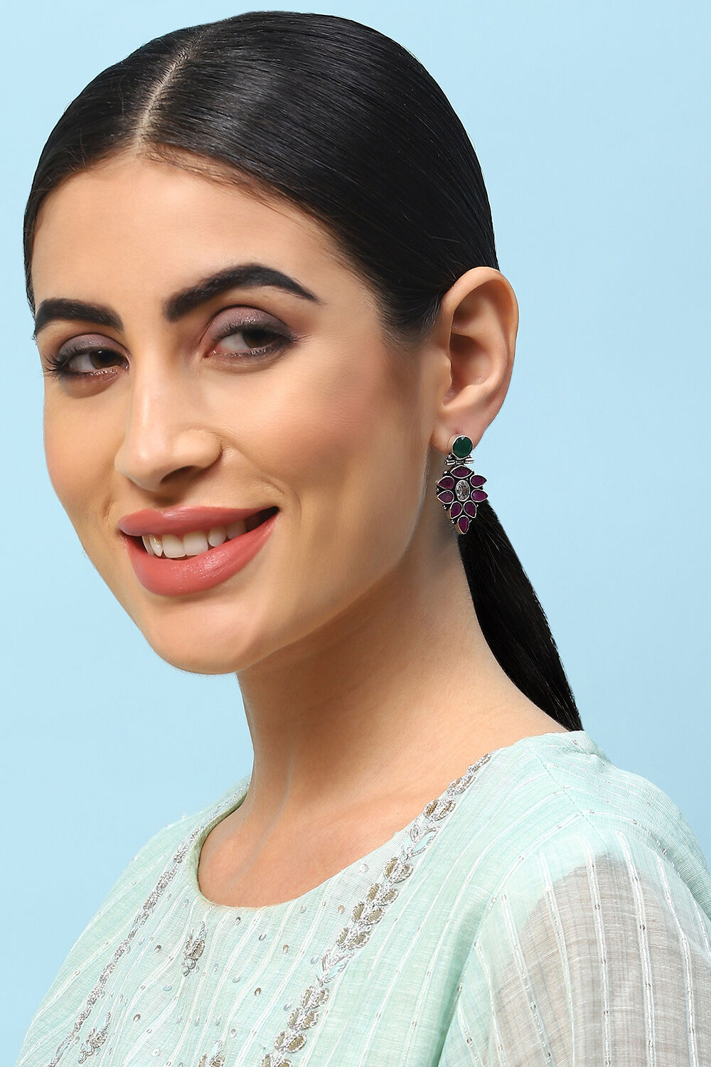 Pink Green Brass Earrings image number 3