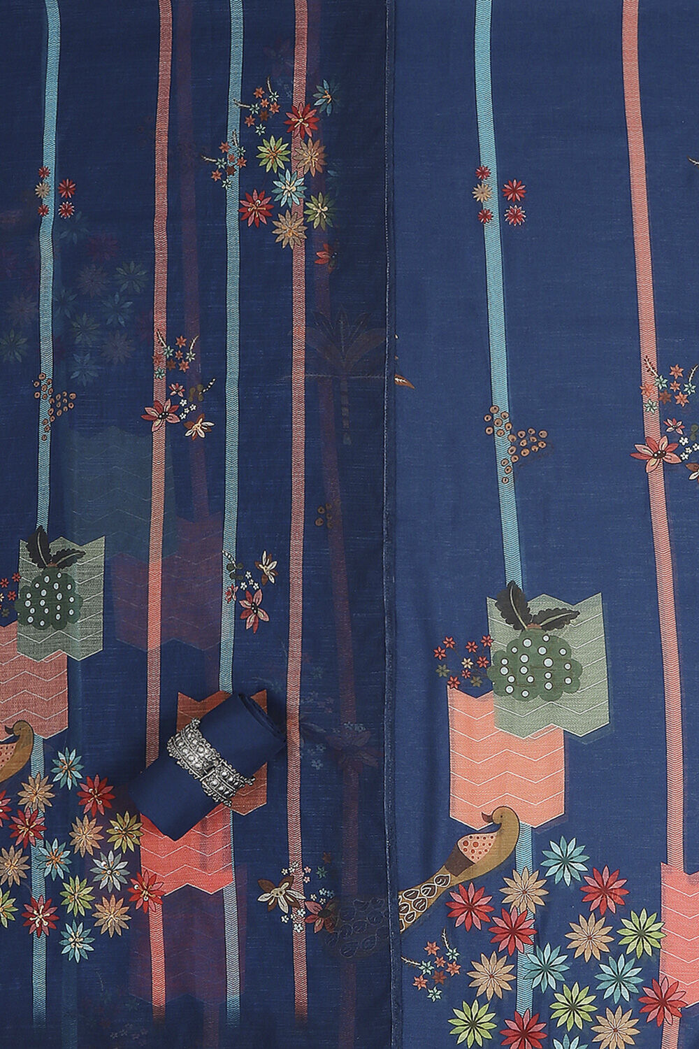 Navy Blue Chanderi Printed Unstitched Suit Set image number 1