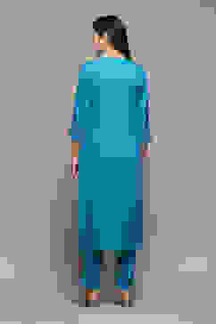 Turquoise LIVA Gathered Yarndyed Kurta Afgan Pant Suit Set image number 5