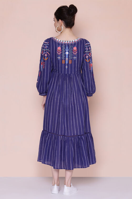 Blue Cotton Flared Fusion Wear Dress image number 5