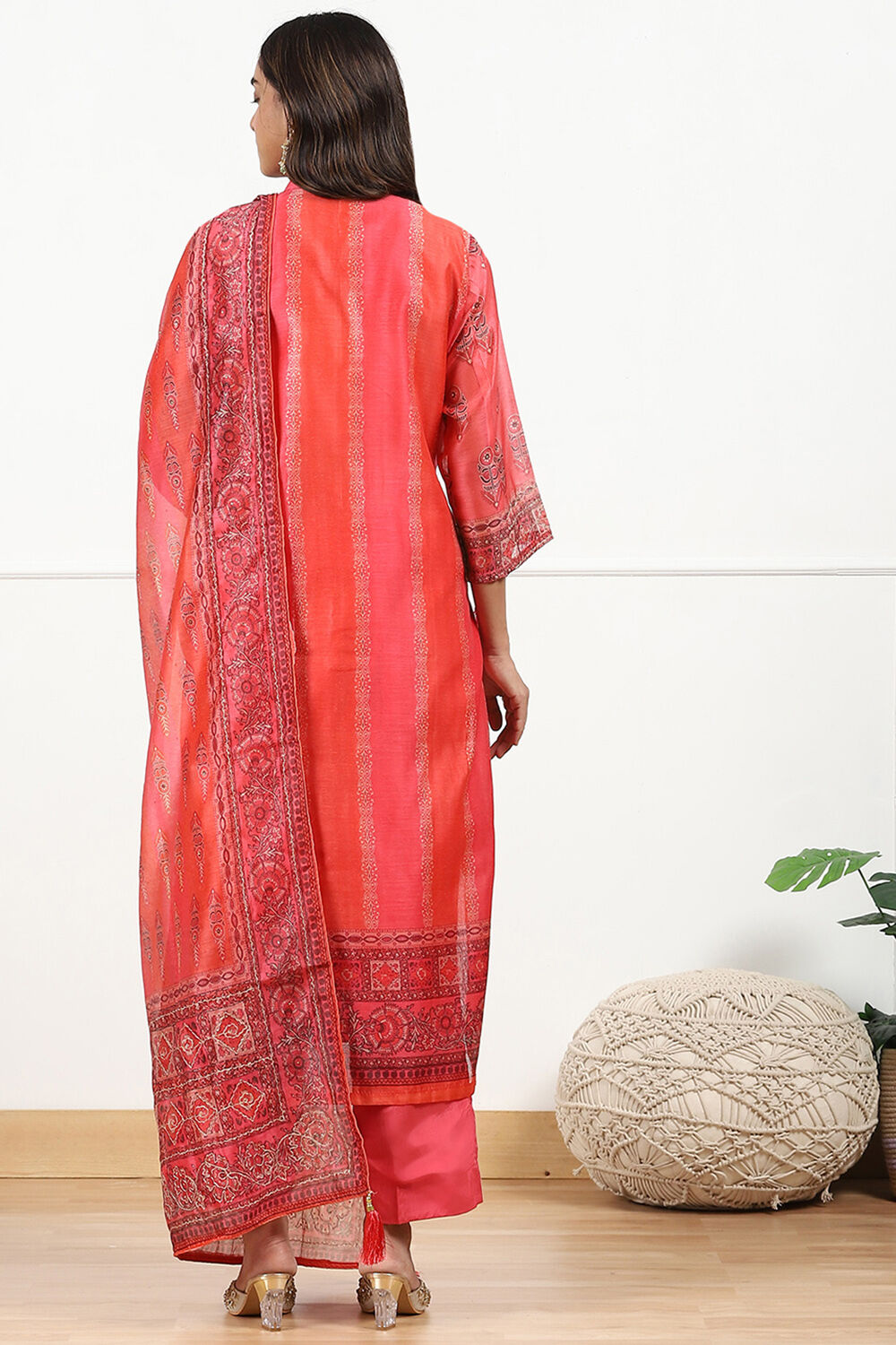 Mustard Yellow Chanderi Printed Unstitched Suit Set image number 6