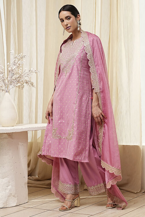 Powder Pink Embroidered Straight Suit Set image number 6
